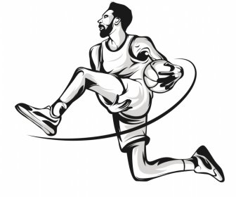 Basketbal Player ícone Preto Branco Desenhado à Mão Desenho Animado Desenho Animado Design Dinâmico