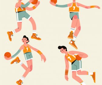Basketball Athletes Icons Cartoon Characters Motion Sketch