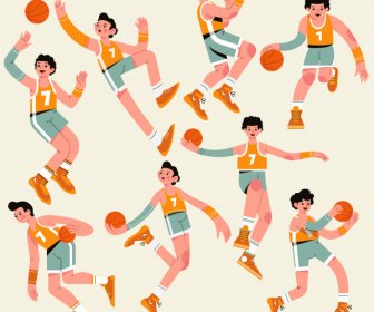 Basketball Player Icons Dynamic Sketch Cartoon Characters