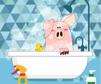 入浴豚の背景様式化されたアイコン漫画のデザイン