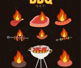 Bbq Cuisines Sets Fire Food Icons Decoration