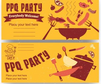Grill Party Banery żywności Przybory Kuchenne Ikony Projekt Retro