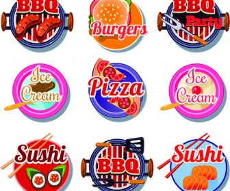 BBQ-Pizza Mit Eis Und Sushi Burger Vektor-Etiketten