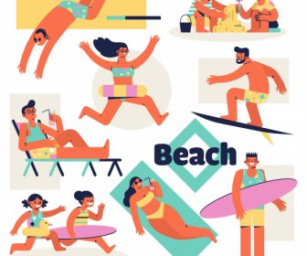 Beach Activities Icons Colored Cartoon Characters Sketch