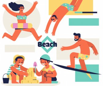 Beach Activities Icons Joyful People Sketch Cartoon Characters