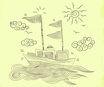 Pantai Menggambar Handdrawn Desain Gelombang Perahu Matahari Ikon