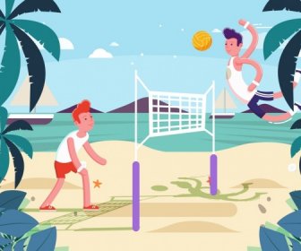 Hombres De Fondo De Vacaciones De Playa Jugando Icono De Volley Ball