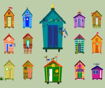 Beach Huts Collection Illustration In Various Colorful Types
