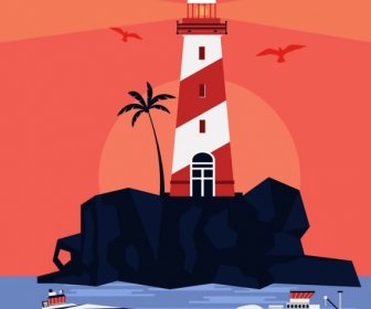 Beach Painting Lighthouse Ships Icons Red Decor