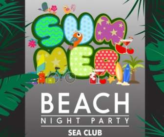 Beach Party Banner Colorful Texts Green Leaves Decoration