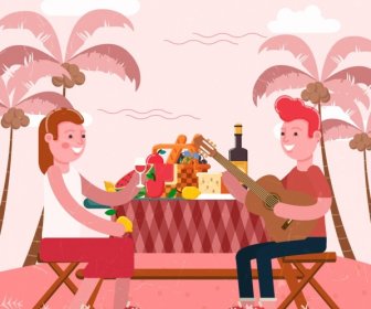 كارتون شاطئ نزهة الرسم زوجين الغذاء رموز التصميم