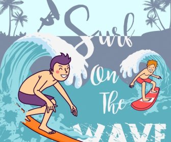 Playa Verano Banner Surfer Los Iconos Coloreados Dibujos Animados