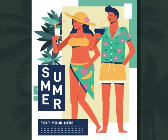 Pantai Musim Panas Poster Pasangan Ikon Warna-warni Desain Klasik