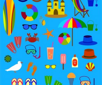 ícones De Símbolo De Praia Isoladas Com Vários Tipos Coloridos