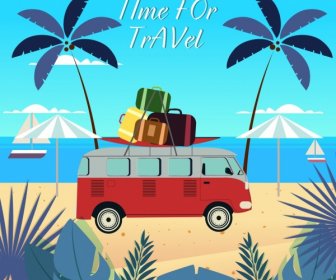 Beach Travel Banner Bus Baggage Icons Colored Cartoon