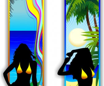 Beach Travel People Silhouette Banner Vector