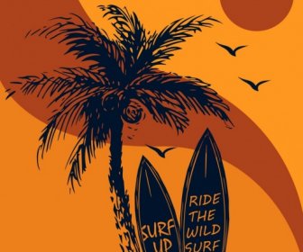 Strand Urlaub Hintergrund Kokosnuss Surfbrett Sonne Symbole