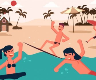 Spiaggia Vacanza Gioiosa Persone Icone Colorate Fumetto