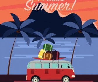 Beach Vacation Banner Bus Luggage Coconut Icons Decor