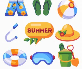 Beach Vacation Icons Colorful Objects Sketch