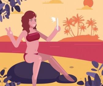 Vacaciones En La Playa, Personaje De Dibujos Animados Selfie Mujer Icono De La Pintura