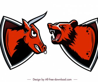 Ikon Ikon Perdagangan Saham Bear Buffalo Heads Sketsa Klasik Yang Digambar Tangan