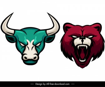 Bear Bull Heads Stock Trading Design Elements Handdrawn  Sketch