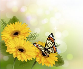 Bunga Dan Kupu-kupu Indah Vektor Latar Belakang