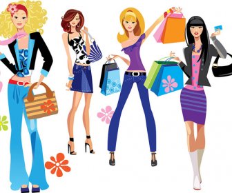 Schönen Cartoon Mädchen Im Sommer Kleid Einkaufen