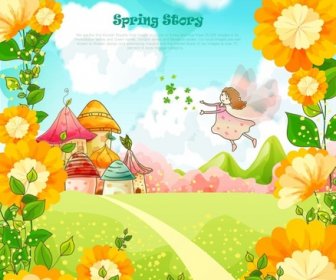 رسومات المتجهات مشهد الربيع الكرتون الجميلة