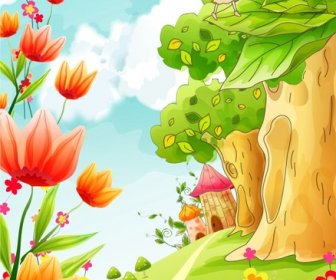 رسومات المتجهات مشهد الربيع الكرتون الجميلة