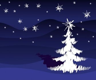 星空の背景カード デザインのベクトルを持つ美しいクリスマス ツリー ストローク設計