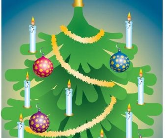 Pohon Natal Yang Indah Dengan Lilin Dan Salju Serpihan Bola Vektor