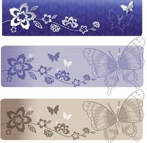 Kupu-kupu Lucu Yang Indah Garis Seni Dengan Seni Bunga Bunga Vektor Banner Set