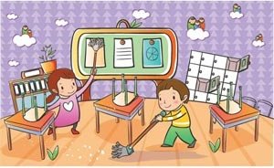 Beautiful Cute Children Couple Cleaning Home Vector Kids Illustration
