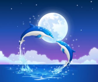 Lumba-lumba Yang Indah Dan Bulan Vector Latar Belakang