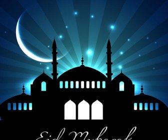 バック グラウンドで輝くモスクと美しい Eid チャンド