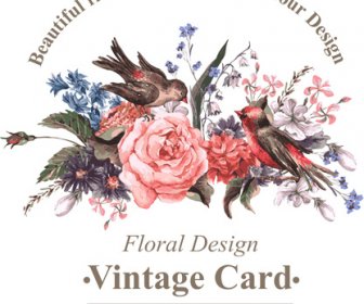 Bunga Yang Indah Dengan Burung Vintage Kartu Vektor