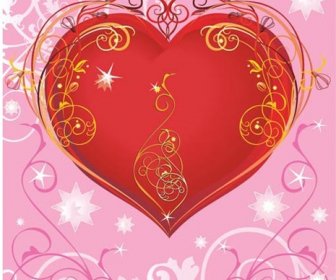 Güzel Kırmızı Swirls Kalp üzerinde Pembe çiçek Plan Vektör