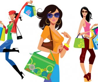 Beautiful Shopping Girls Illustration Vector