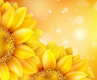 Beautiful Sunflowers Golden Background Set Vector