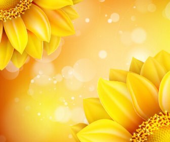 Beautiful Sunflowers Golden Background Set Vector