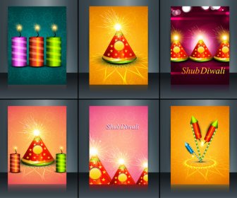Indah Template Diwali 6 Koleksi Warna-warni Brosur Vektor Ilustrasi