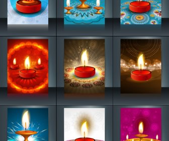 Indah Template Diwali 9 Koleksi Warna-warni Brosur Vektor Ilustrasi
