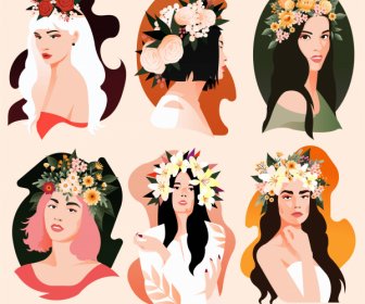 Hermosa Mujer Iconos Flores Peinado Boceto Personajes De Dibujos Animados