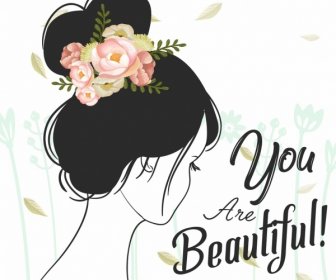 Beauty Banner Woman Roses Icons Handdrawn Sketch