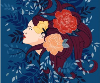 Belleza Pintura Floras Mujer Cara Boceto Colorido Clásico