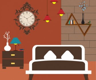 Bedroom Decoration Drawing Colored Flat Design
