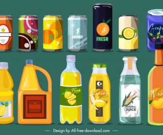Beverage Cans Bottles Icons Colorful Contemporary Sketch