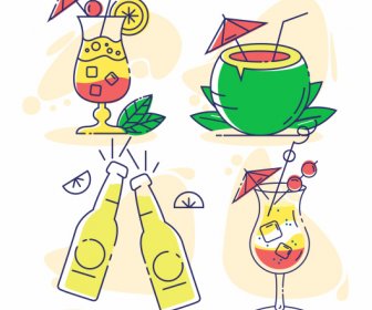 Beverages Icons Cocktail Coconut Beer Sketch Flat Handdrawn